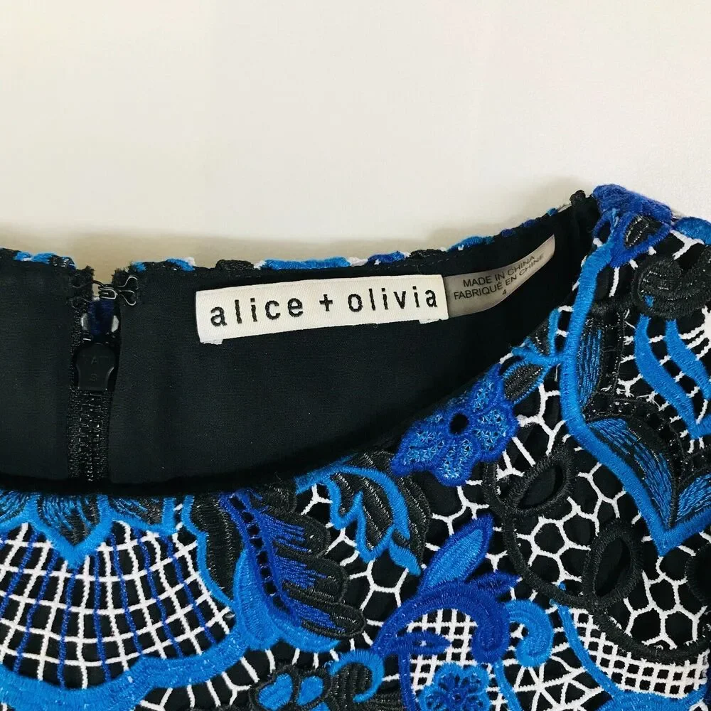 Alice + Olivia Women's 4 Mini Dress Blue Black Nakia Floral Lace Sheath CM5
